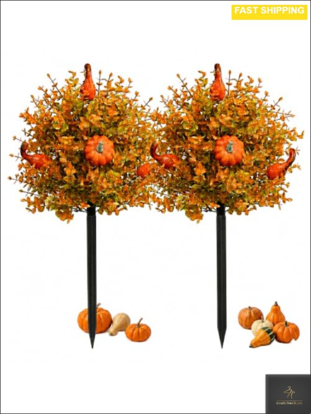 2 Pack Fall Pumpkin Topiary Trees with Stakes, 22 Inch Artificial